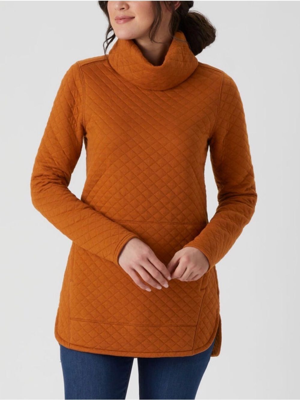 Duluth Trading Quilted Sweatshirt Tunic Cowl Neck Sweater Rust Brown M EUC